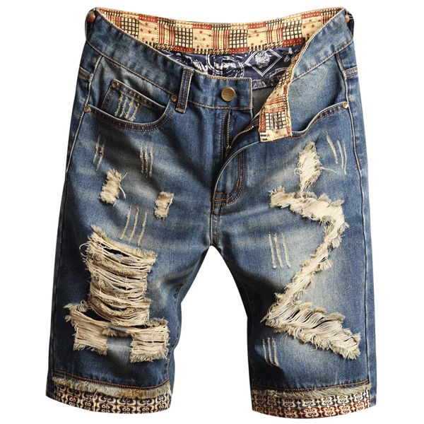 Nova moda verão denim shorts masculino jeans bermuda skate harem jogger tornozelo rasgado onda