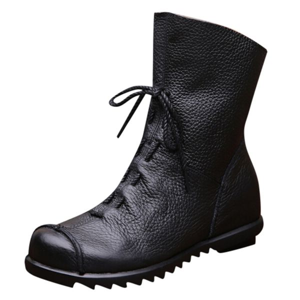 

retro boots women round toe boots women warm leather low heel short luxury botas mujer #726, Black
