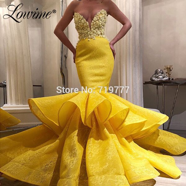 

elegant yellow lace mermaid evening dress abendkleider 2019 couture arabic dubai pageant celebrity party gowns long prom dresses, White;black