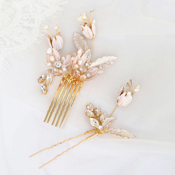 

exquisite copper cast flower bud gold hair accessories jewelry wedding bridal headpiece hair pin comb, Golden;white