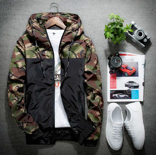 

camo куртка мужчины часть camouflage pattern контраст цвета с капюшоном водонепроницаемый zipper co с длинным рукавом ветрозащитный куртка т, Black;brown