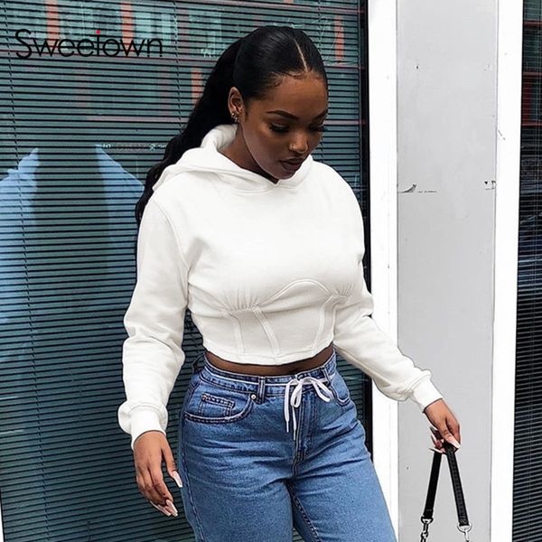 

sweetown autumn fashion white solid streetwear hoodies woman casual crop long sleeve gothic hoody sweatshirts winter new, Black
