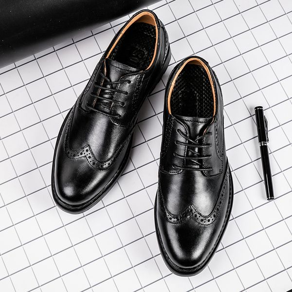 

2019 new genuine leather men brogues shoes vintage bullock business dress men oxfords shoes male formal, Black