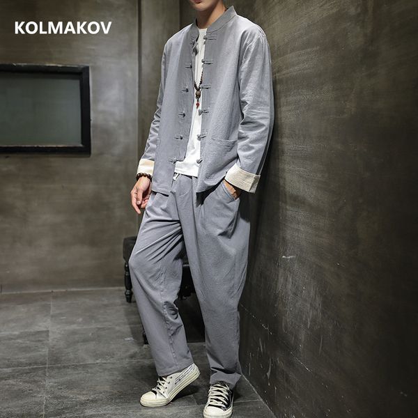 

shirt + trousers) 2020 new arrival casual men shirt cotton and linen shirts men's shirts man big size -5xl, Gray