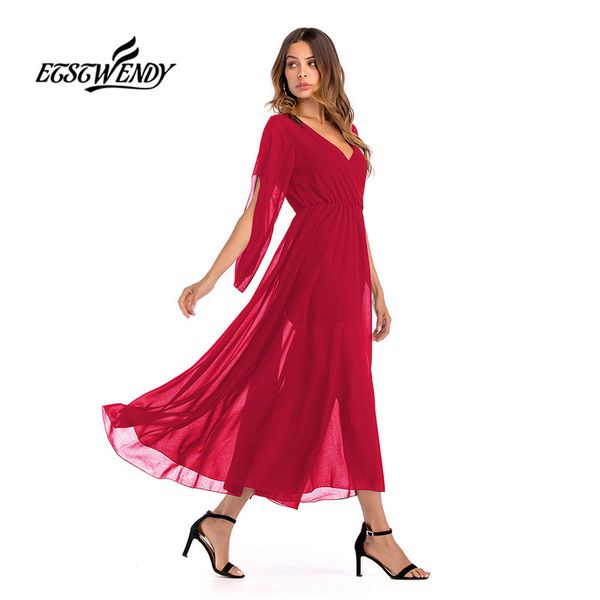 

summer 2020 elegant women vintage dress v-neck petal sleeve loose dress empire long party red black chiffon vestidos, Black;gray