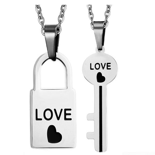 

classic stainless steel lock key design couple necklace for women men engraved love heart lover bisuteria acero inoxidable, Silver