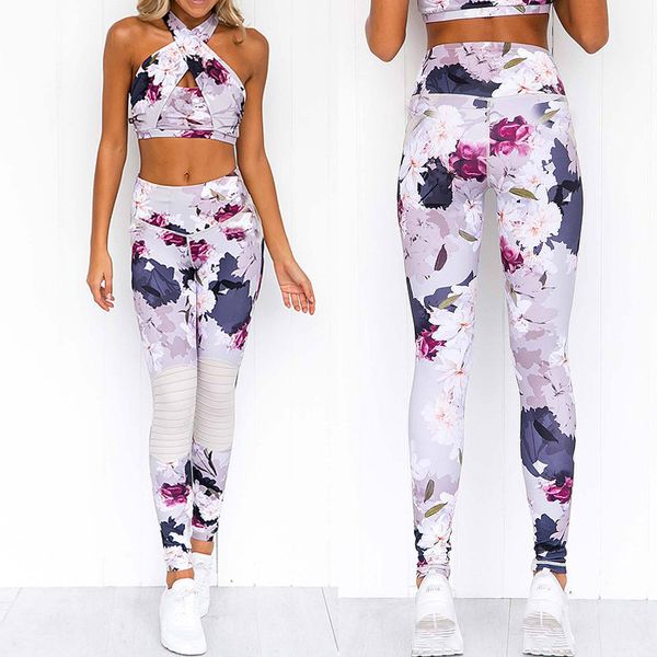 

women yoga suit crop with pants floral print sleeveless high waist clothing set asd88, White;red