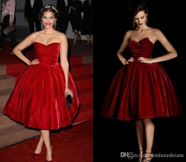 

vintage velvet cocktail dresses ball gown strapless prom gowns sleeveless knee length pleats short evening dress, Black
