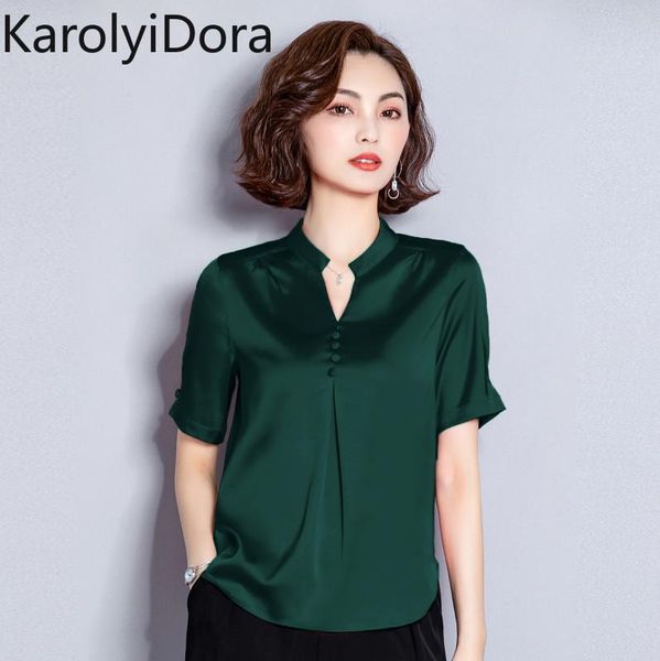 

women chiffon blouse spot to film a video silk shirts with short sleeves summer new v-neck female temperament show thin silk, White