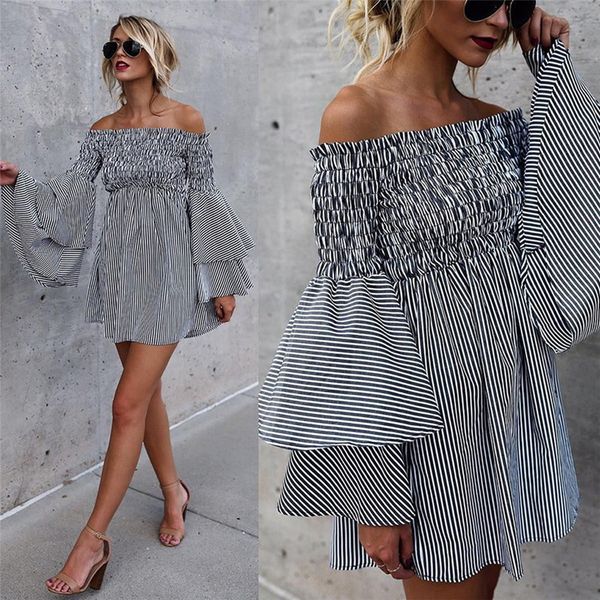 

Summer Womens Holiday Off Shoulder Stripe Party Ladies Casual Dress 2019 Long Sleeve Dress Womens Casual Elegant Dresses
