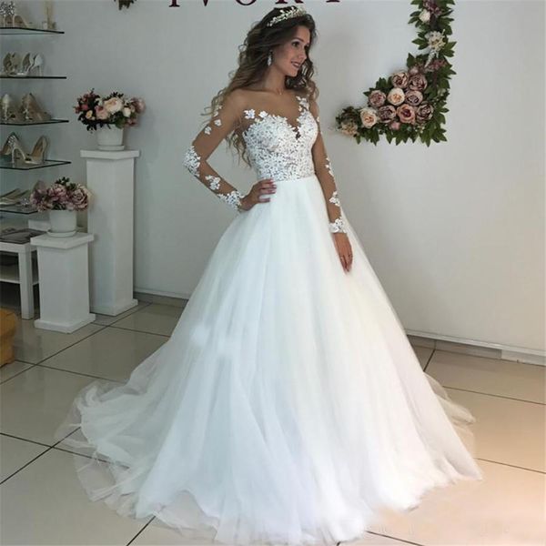

unique scoop a-line long sleeve wedding dresses lace appliques sheer back white tulle wedding dress covered button lace wedding gowns