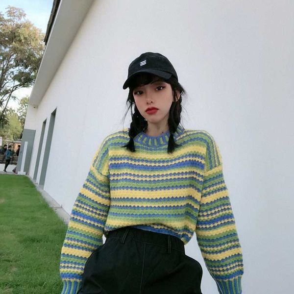 

ins harajuku style oversize knitted vintage autumn winter clothes women sweater fashion brand new striped hipster pullovers, White;black