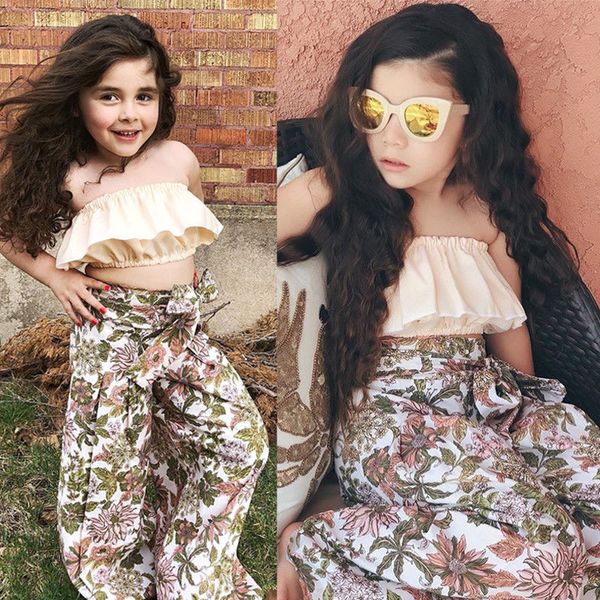 

baby girls ins fashion clothes off shoulder +wide leg floral pants outfits, White