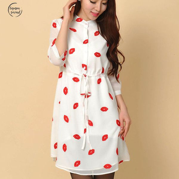

casual drawstring autumn dresses cute red lips stand collar women chiffon print dress with sashes plus size s 4xl, Black;gray