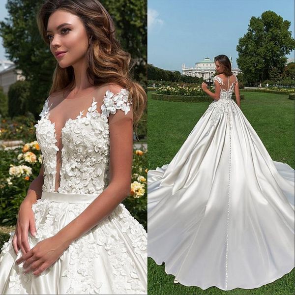 

new design a-line wedding dresses cap sleeve lace dresses 2019 latest appliques beaded button back sheer bridal gowns, White