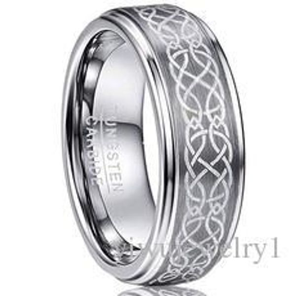 

men's 8mm laser celtic knot brushed tungsten carbide wedding band rings polished step edge size 6-13, Silver