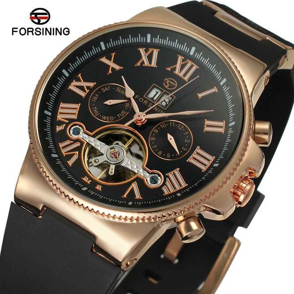 

forsining 2018 chic fashion men auto mechanical watch tourbillon golden bezel rubber strap sub-dial calendar sport c19010401, Slivery;brown