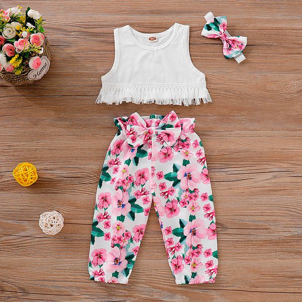 

muqgew 2019 new fashion summer tassel vest +floral bow pants+headband outfits set children toddler baby girl boy set outfit, White