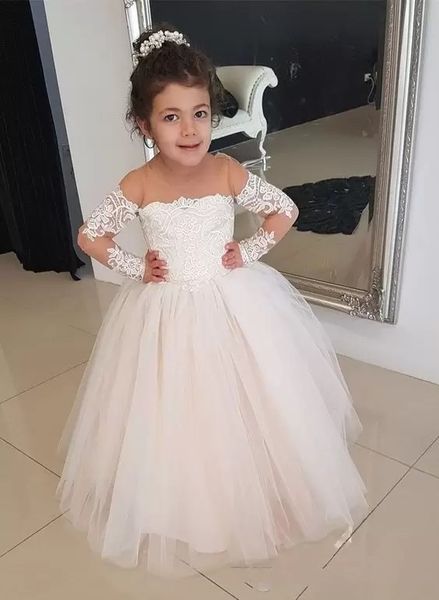 2024 Novo adorável princesa flor meninas vestidos de jóia pura do pescoço Apliques de tule tule mangas longa aniversario infantil vestidos de concurso 403