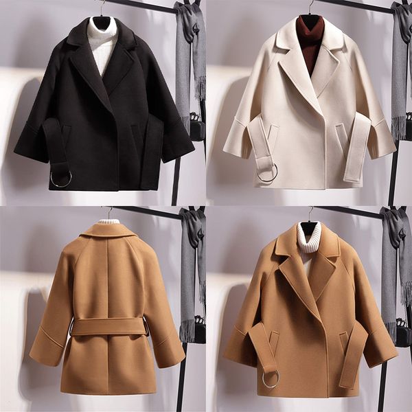 

2019 women short woolen coat belt jacket autumn and winter clothes keep warm, Black
