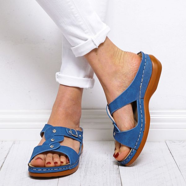 

pu leather summer slippers women shoes uckle strap wedges beach open toe breathable sandals fashion shoes e3, Black