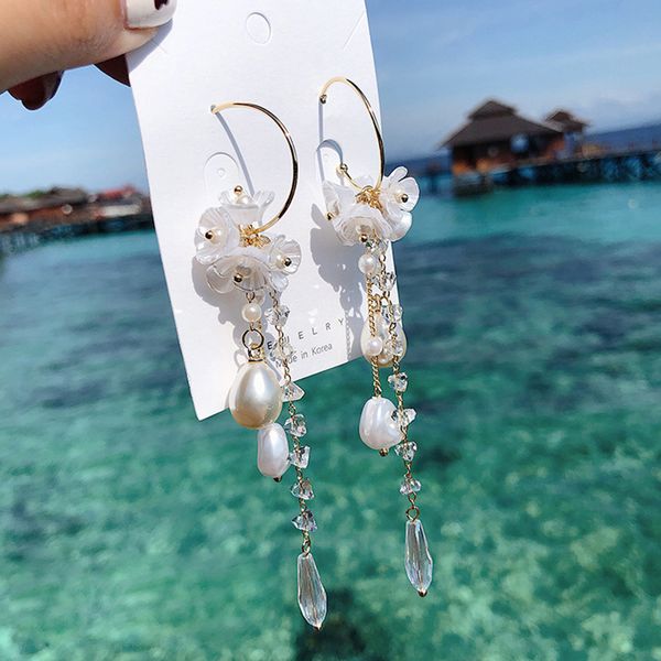 

korean holiday wind earrings super fairy baroque shell pearl flower drop earrings long tassel women party jewelry, Silver
