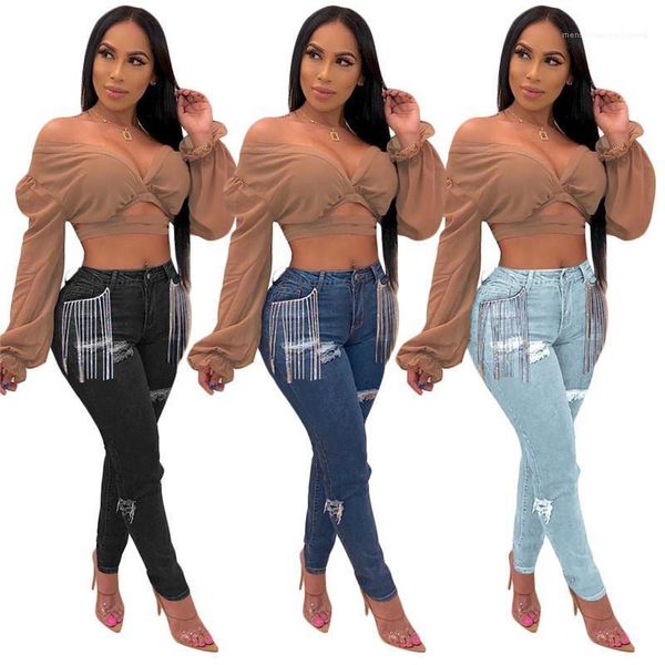 

solid color high waist elasticity pencil pants fashion womens jeans holes tassel designer jeans women club slim skinny, Blue