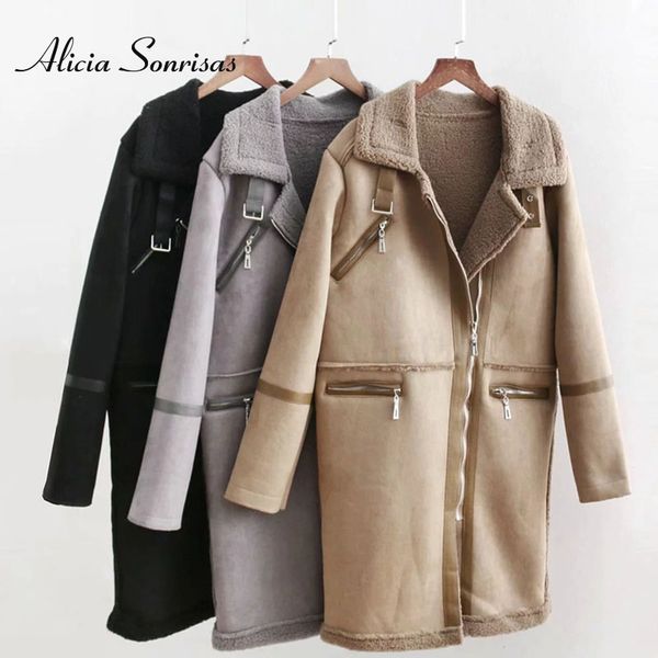 

women long faux fur coat new 2018 sheepskin suede jacket long sleeve thick warm winter cashmere lamb fur parkas, Black