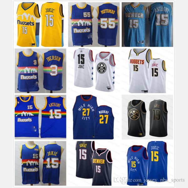 

15 jokic jersey dikembe 55 mutombo allen 3 iverson carmelo 15 anthony jamal 27 murray stitched basketball jerseys denver nuggets nba, Black;red