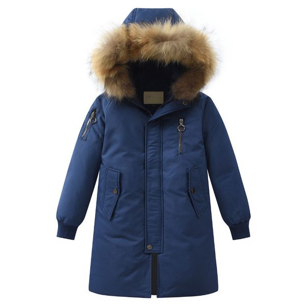 

winter boy down jacket thick warm fashion big pocket style long model children duck down parkas coat fur kids teenager outerwear, Blue;gray