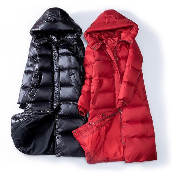 

90% white duck down jacket women thick warm x-long black winter coat korean slim hooded parka female puffer jacket snow outwear