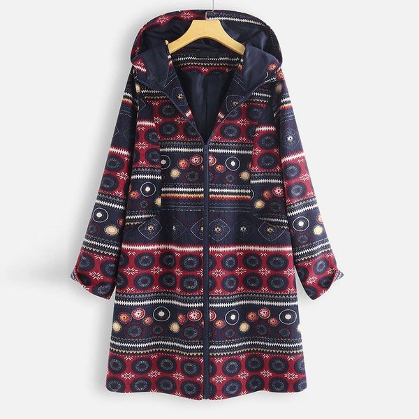 

women print jacket coat hooded long sleeve female vintage autumn winter loose casual overcoat manteau femme hiver#4, Black