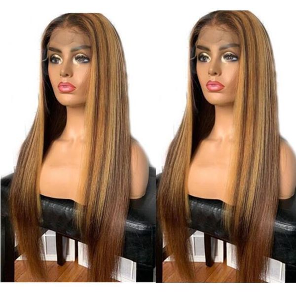

celebrity wig lace front wig middle part ombre highlight color 10a grade malaysian human hair full lace wigs for black women ing, Black;brown