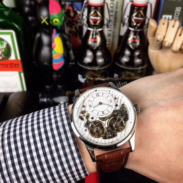 

men watches automatic movement 43mm leather band men tourbillon waterproof wristwatches, Slivery;brown