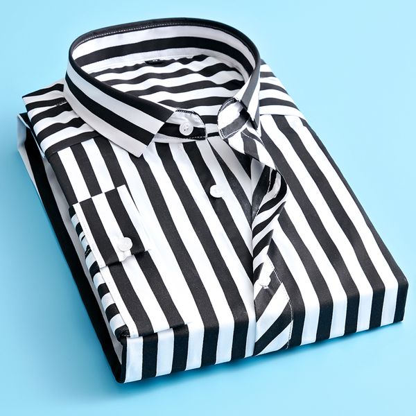 

men shirts three quarter sleeve men's fashion new seven-point sleeve men's slim trend stripe shirt, White;black