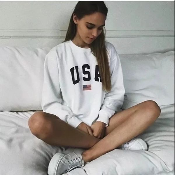 

usa letter print new women fashion long sleeve hoodie sweatshirt harajuku jumper hooded pullover casual loose white coat, Black