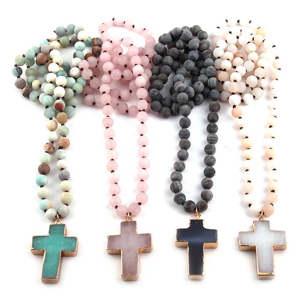 

fashion bohemian tribal jewelry 8mm natural stones knotted stone cross pendant necklaces women ethnic necklace, Silver