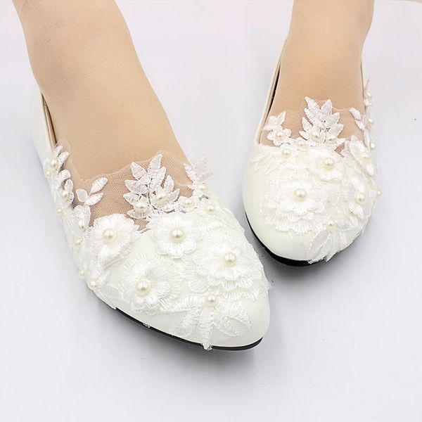 Wedding Shoes Bride Flat Heel Slip On Lace Flower Decoration