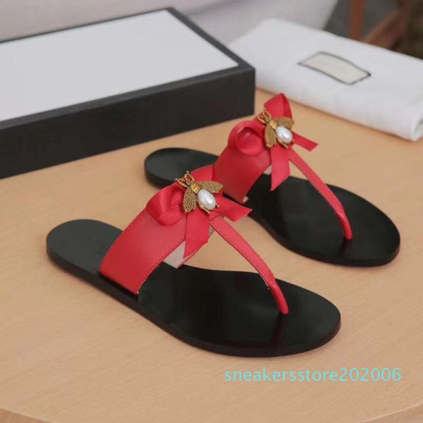 

luxury designer flip flops metal bee genuine leather slipper women summer slides sandals lovely bow tie flat slippers size eu36-eu43 s06, Black