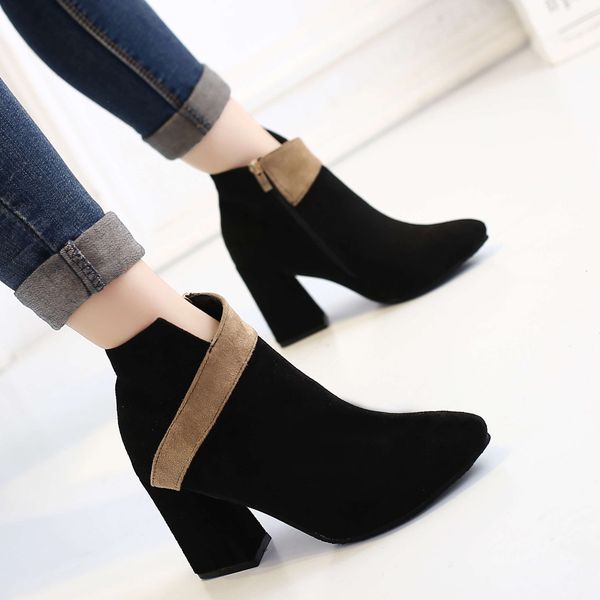 

mixed colors boots women casual thick heel flock british style ladies fashion pointed toe shoes woman chaussures femme 2019, Black