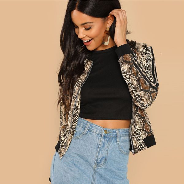 

womens jacket women designer coat casual striped zipper sleeve snakeskin jacket stand collar zip up long sleeve coat autumn women jackets, Black;brown