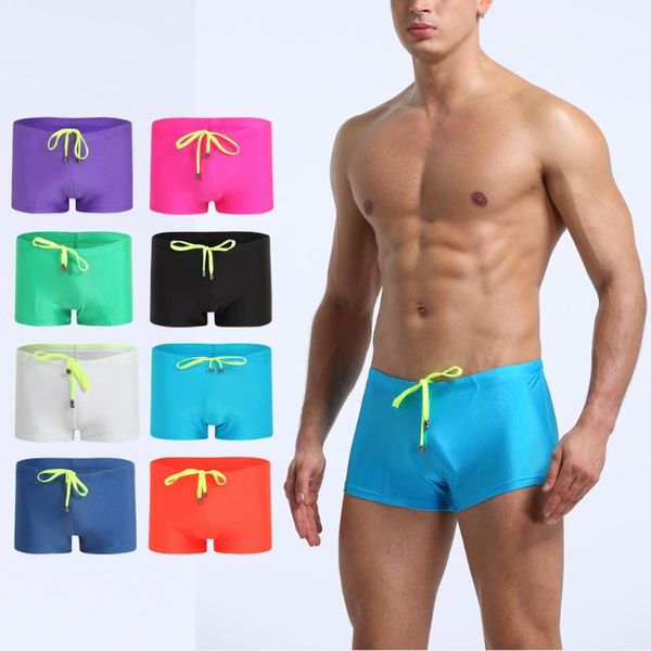 

men's swimwear fashion men waterproof breathable solid color drawstring swim trunks beach shorts wear plus size zwembroek heren#p4