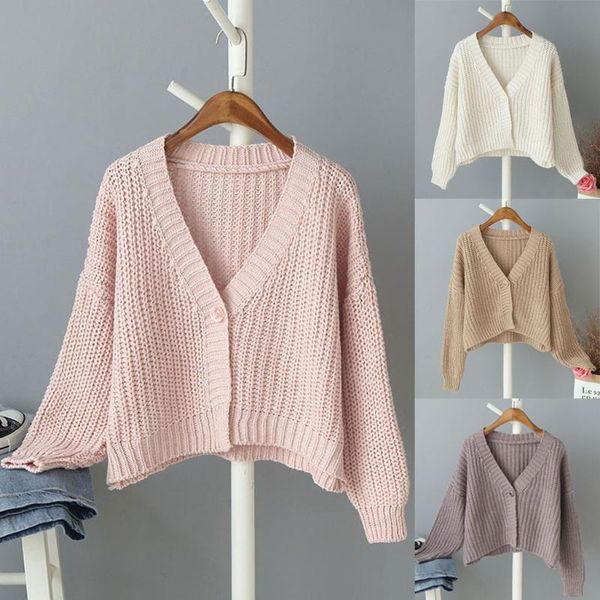 

women 2019 autumn solid color chic v-neck knit single breasted cardigan long sleeve lazy casual loose knitted office weater#3s, White