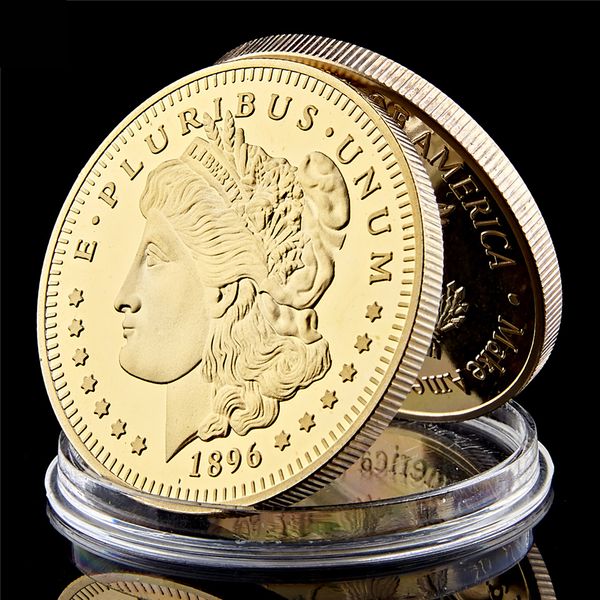 

1896 american goddess liberty e pluribus unum in god we trust 1oz gold plated commemorative coins w/capsule