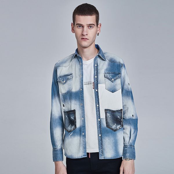 

d2 новая мужская рубашка с длинными рукавами ретро 2019 весной и летом мужская молодежная рубашка повседневная джинсовая рубашка с длинными, White;black