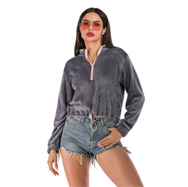 

новая мода женская дизайнерские толстовки вскользь кулиской zipper шеи длинным рукавом пушистый короткий пуловер мода женская одежда, Black