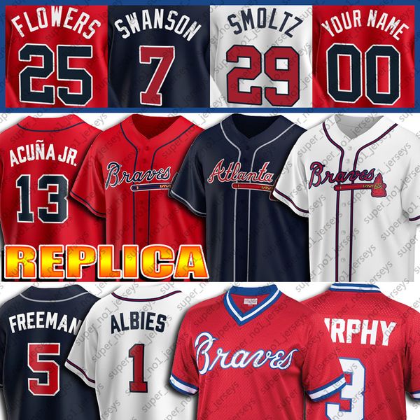 

custom 13 ronald acuna jr. jersey 1 ozzie albies jerseys 5 freddie an 3 dale murphy 7 dansby swanson 11 ender inciarte baseball jersey, Blue;black