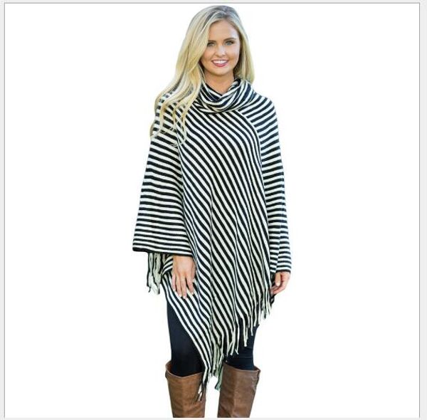 

women sweater 2018 new autumn loose stripped asymmetrical sweater female fashion turtleneck tassel knit, White;black