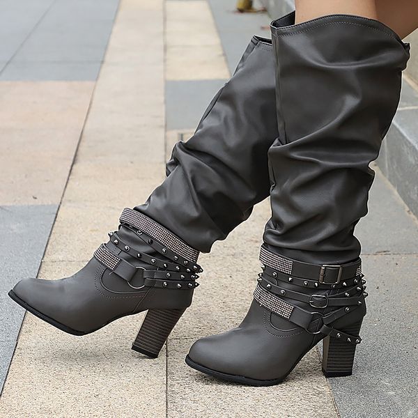 

oeak boots for women rivet crystal mid-calf boots plus size non-slip high heels leather women fashion, Black