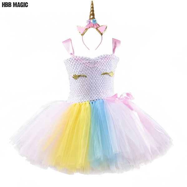 

kids girls unicorn tutu dress knee-length pastel rainbow girl birthday party dress children halloween fancy unicorn costume 1-8y, Red;yellow